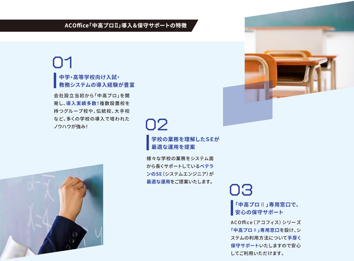 ACOffice「中高プロⅡ」導入&保守サポートの特徴 01中学・高等学校向け入試・教務システムの導入経験が豊富 02学校の業務を理解したSEが最適な運用を提案 03「中高プロⅡ」専用窓口で、安心の保守サポート