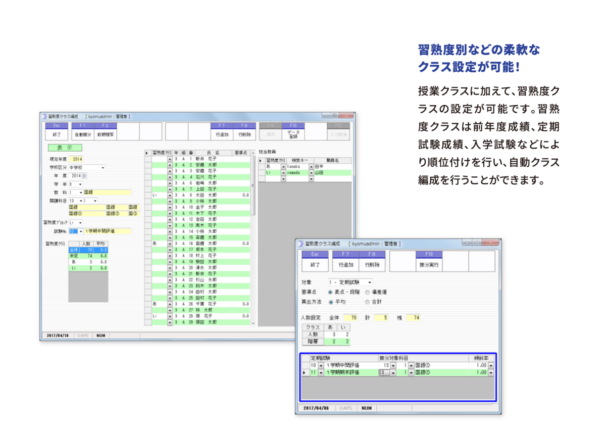 習熟度別などの柔軟なクラス設定が可能! 授業クラスに加えて、習熟度クラスの設定が可能です。習熟度クラスは前年度成績、定期試験成績、入学試験などにより順位付けを行い、自動クラス編成を行うことができます。
